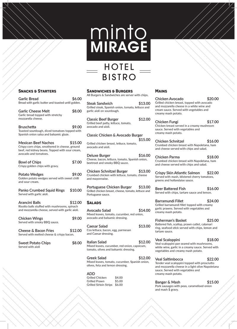 Minto Mirage Hotel Bistro Menu
