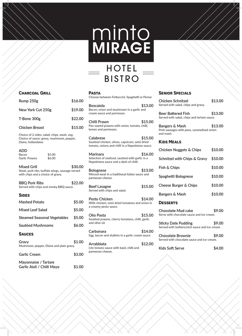 Minto Mirage Hotel Bistro Menu